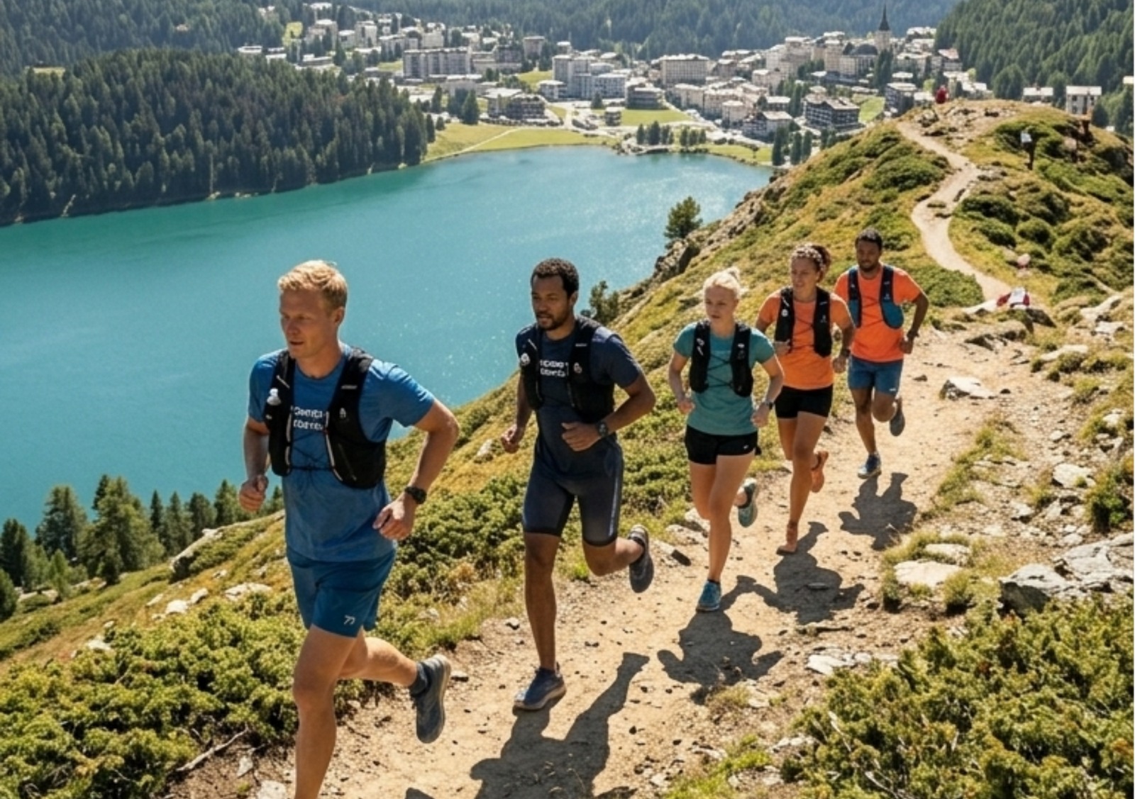 Runners training on scenic trail in St. Moritz Swiss Alps during Gracefull Running altitude camp