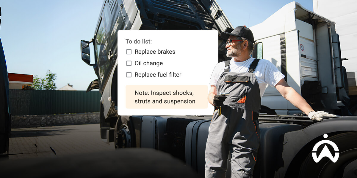 A mechanic stands beside a large truck, holding tools with a maintenance checklist for brakes, oil, and fuel filter replacement.