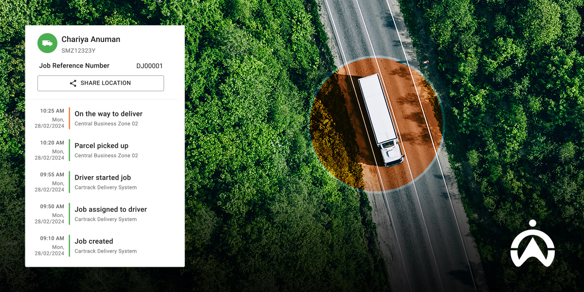 A delivery truck on a road surrounded by greenery, with a job progress update and location-sharing options displayed.