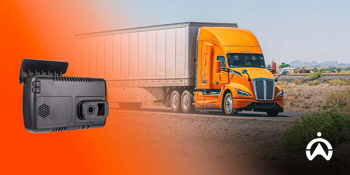 Cartrack dashcam footage shown with dashboard camera and orange semi-truck on highway.