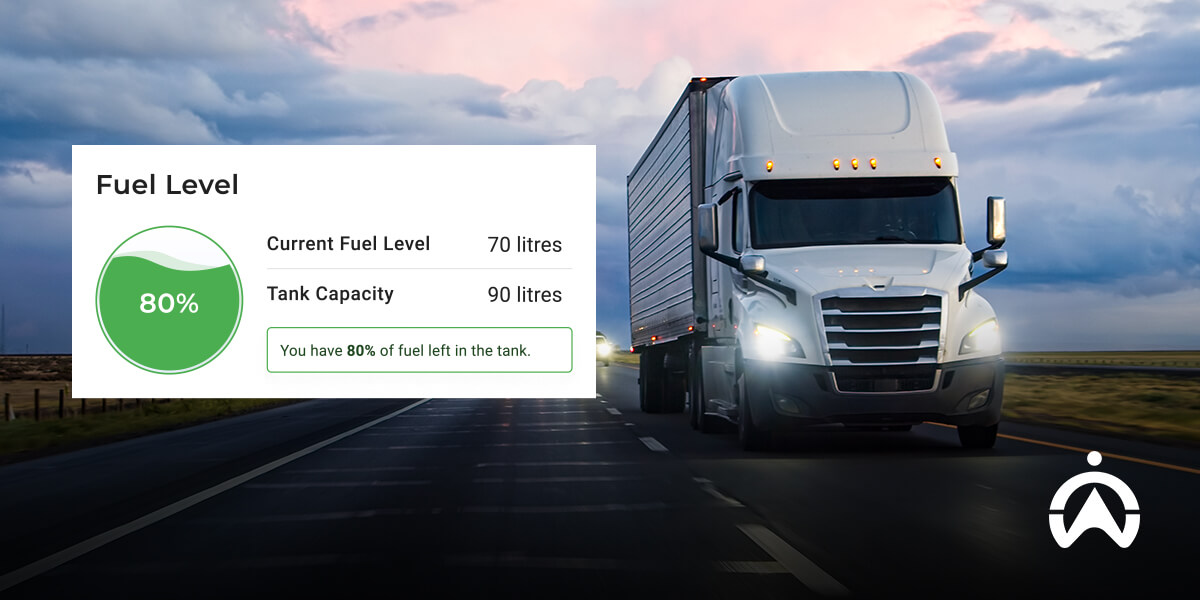 A large truck drives on a highway, next to a fuel gauge display indicating 80% fuel remaining.