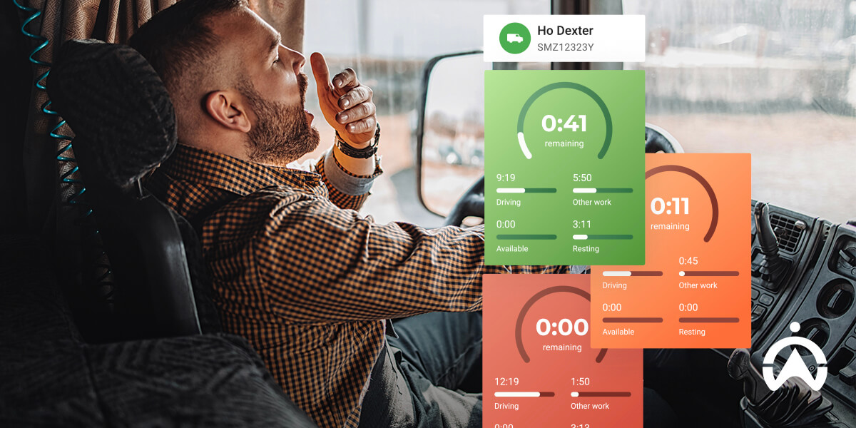 A truck driver is seated, sipping a beverage, with app screens showing driving and rest timers. The interior is decorated and cozy.