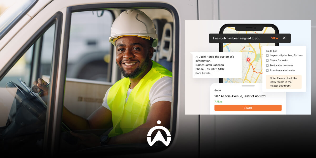 A worker in a high-visibility vest and helmet sits in a van, reviewing job details on a mobile device displaying a task list and map.