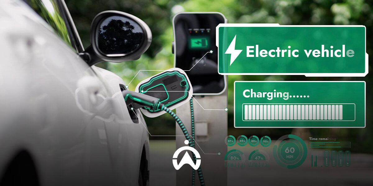 An electric vehicle is charging at a station, displaying progress indicators and remaining time on the screen.