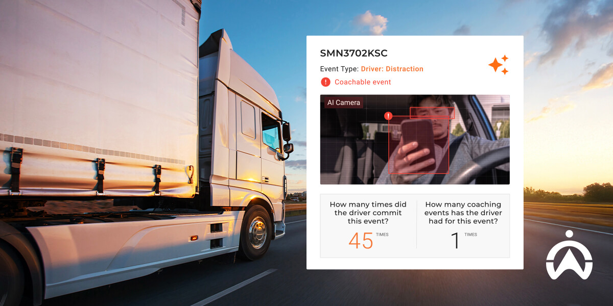 A semi-truck drives on a highway, with a dashboard display showing driver distraction event statistics.