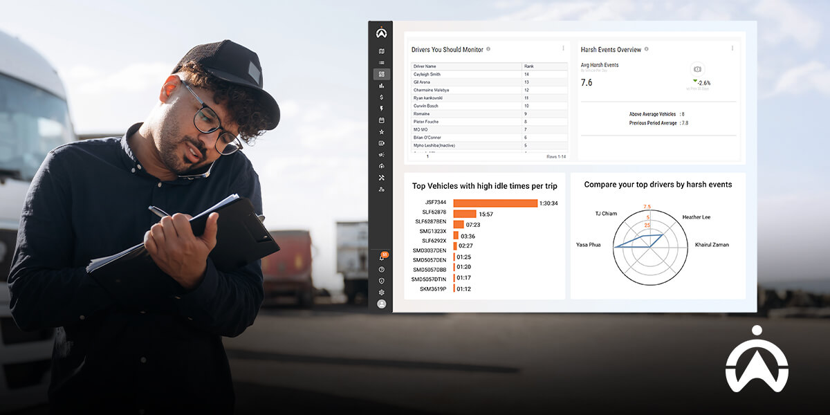 Cartrack fleet management dashboard with person reviewing vehicle and driver performance on tablet.