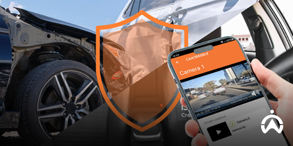 A damaged car with a shield overlay, alongside a smartphone displaying live video from a dashcam. Highlights vehicle protection solutions.