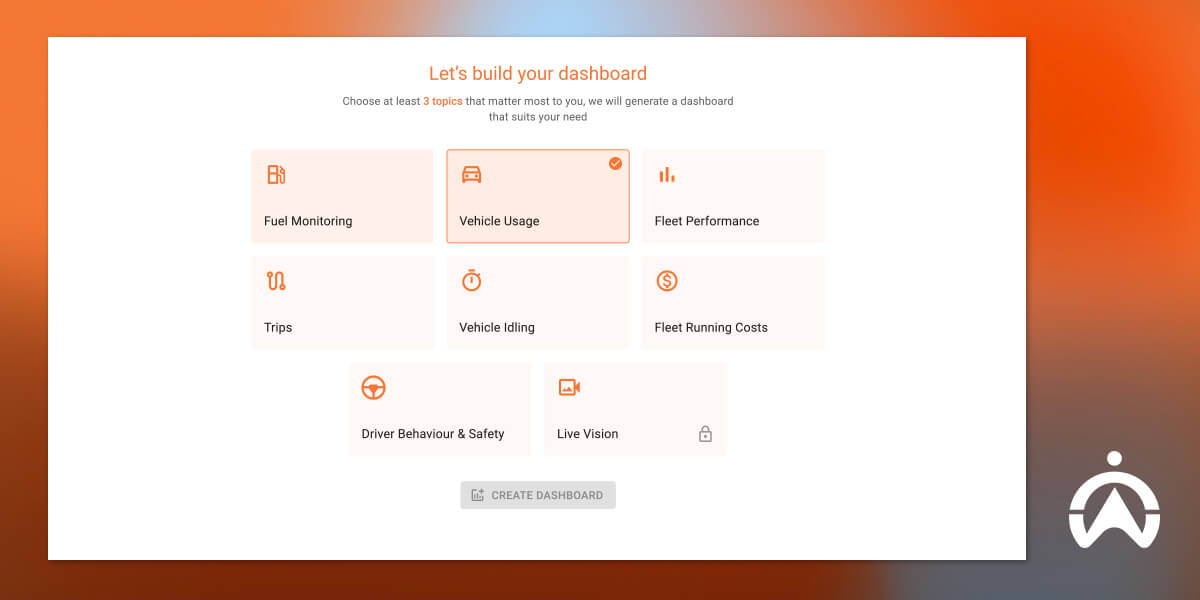 Cartrack fleet utilisation rate dashboard setup showing custom fleet management options and layout tools.
