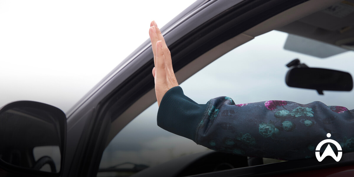 A hand with an outstretched palm is raised from the open window of a car against a cloudy sky background.