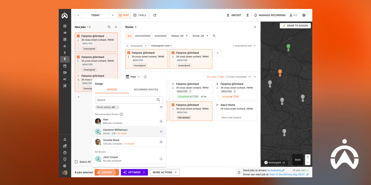 Logistics dashboard with Cartrack delivery management software for small businesses displaying routes and job statuses.