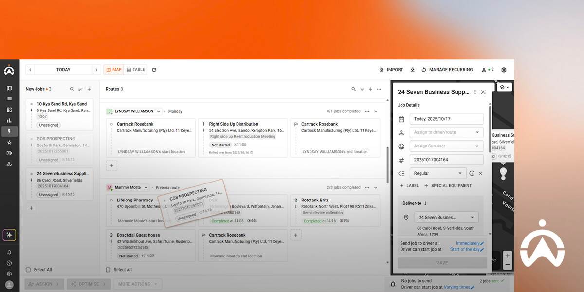 Cartrack app for last-mile logistics showing driver job scheduling, route planning, and delivery assignments.