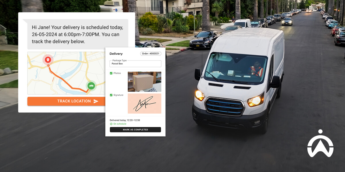 Cartrack app for last-mile logistics showing delivery van tracking with package details and ETA.