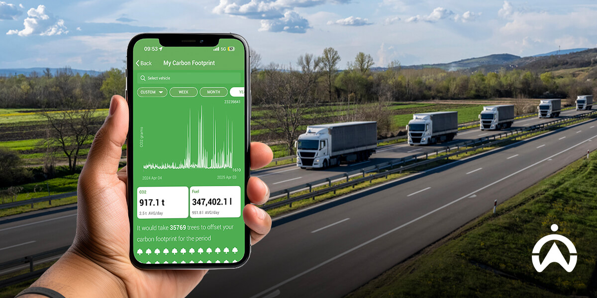 Smartphone showing carbon data for electric vehicle fleet maintenance on highway.