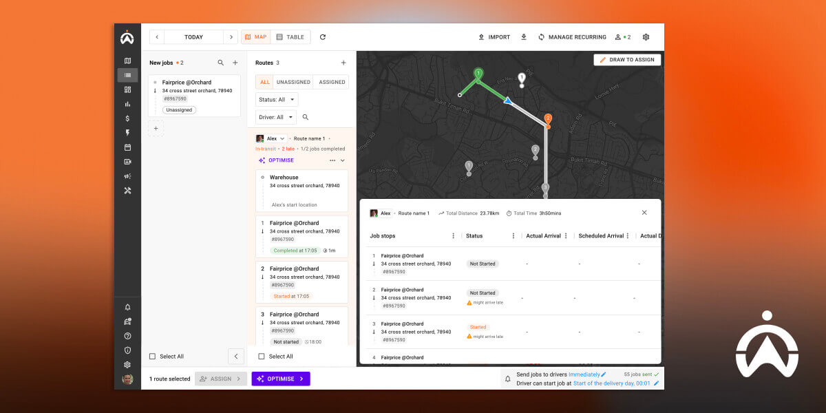 Cartrack dashboard illustrating challenges of last-mile delivery with routes, job statuses, and a map for organising deliveries.