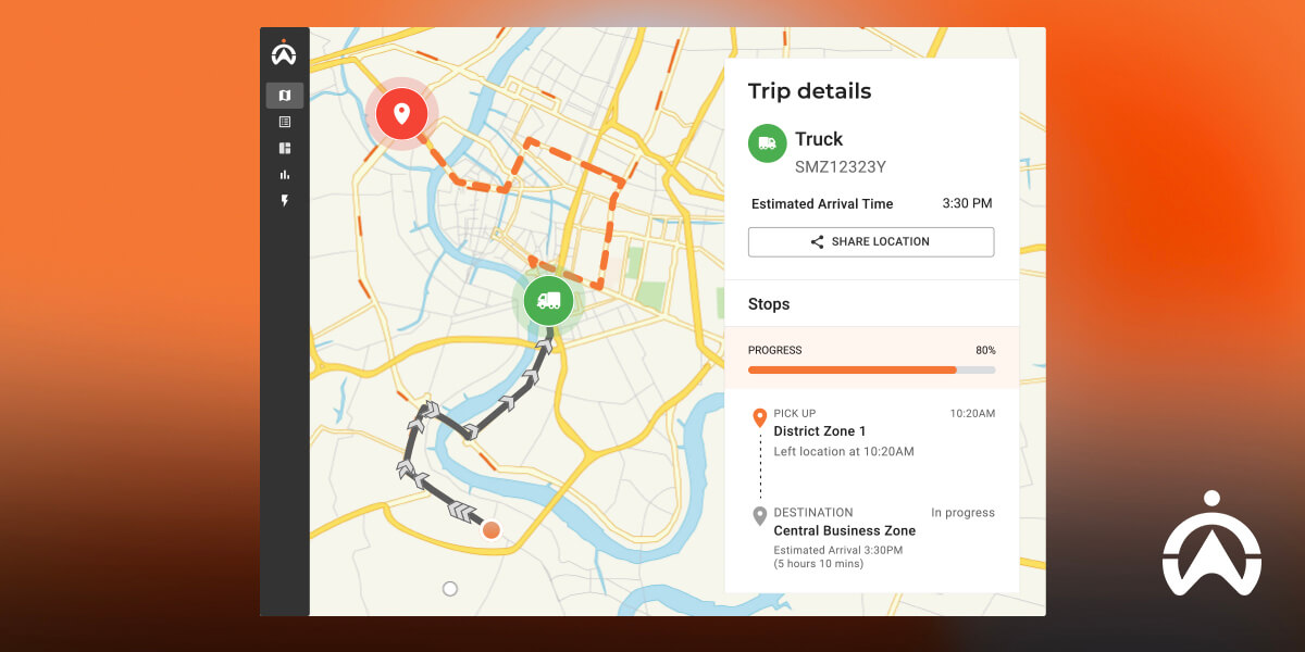 Cartrack map interface showing truck route and trip details for fuel efficiency management.