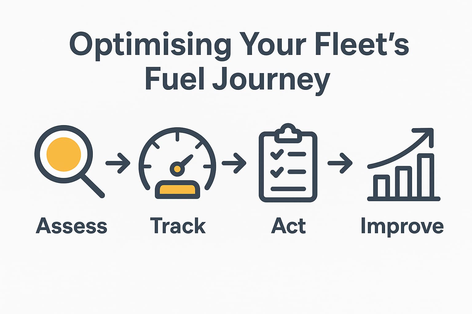 A graphic illustrating the process of optimizing a fleet's fuel journey: Assess, Track, Act, Improve, with corresponding icons.