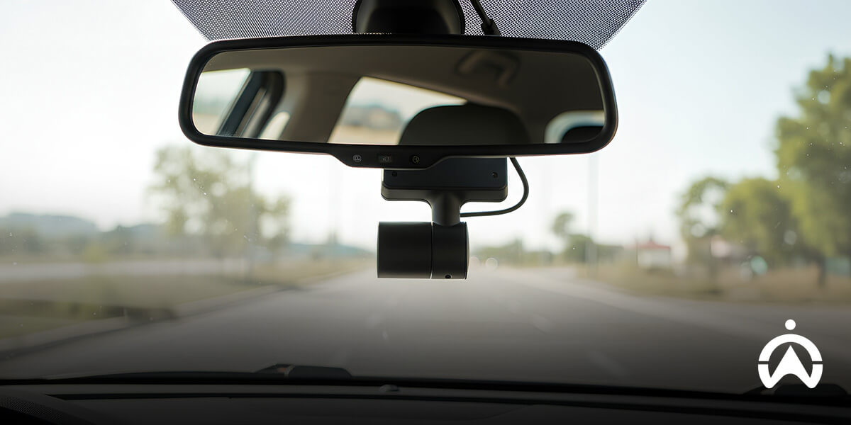 Cartrack dashcam mounted on rearview mirror capturing road for best car security system in South Africa.