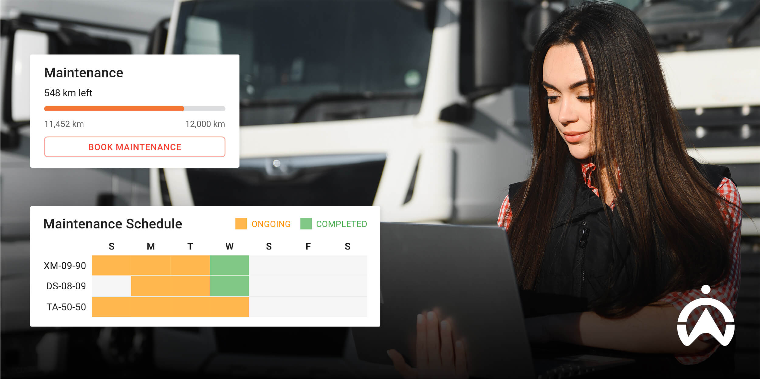 Woman reviewing vehicle maintenance dashboard powered by Cartrack fleet maintenance management software.