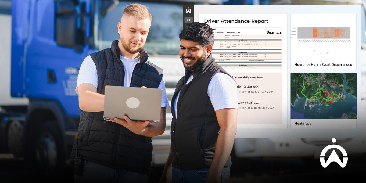 Team reviewing driver attendance report by truck for fleet benchmarking.
