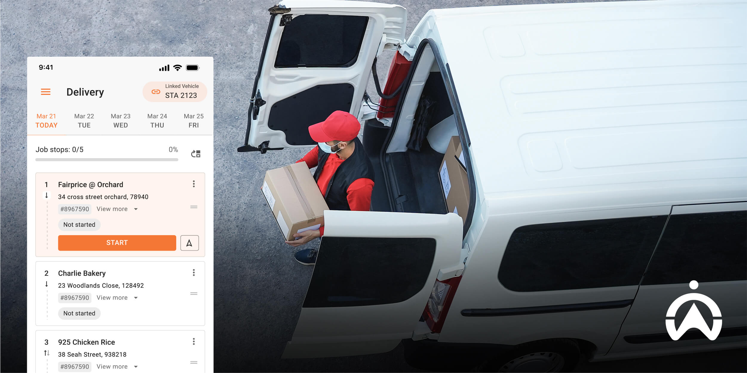 Delivery routing and dispatch software showing a courier loading a van with tasks and delivery details on a smartphone.