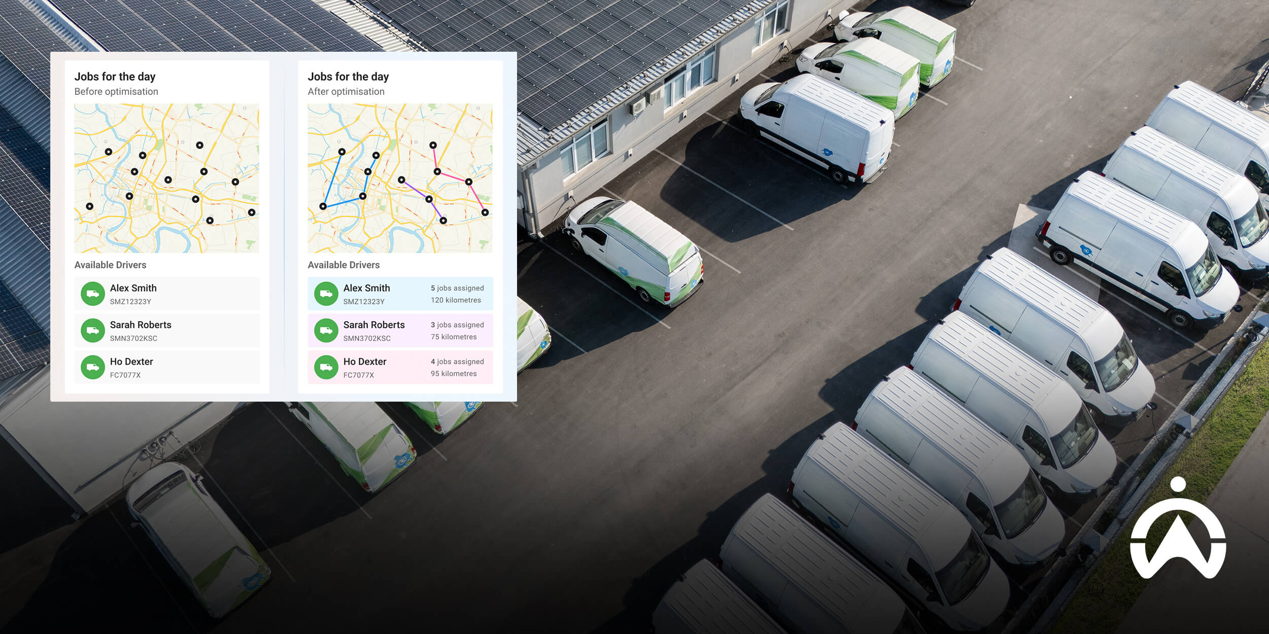 Cartrack delivery routing and dispatch software showing optimized routes, driver details, and parked delivery vans.