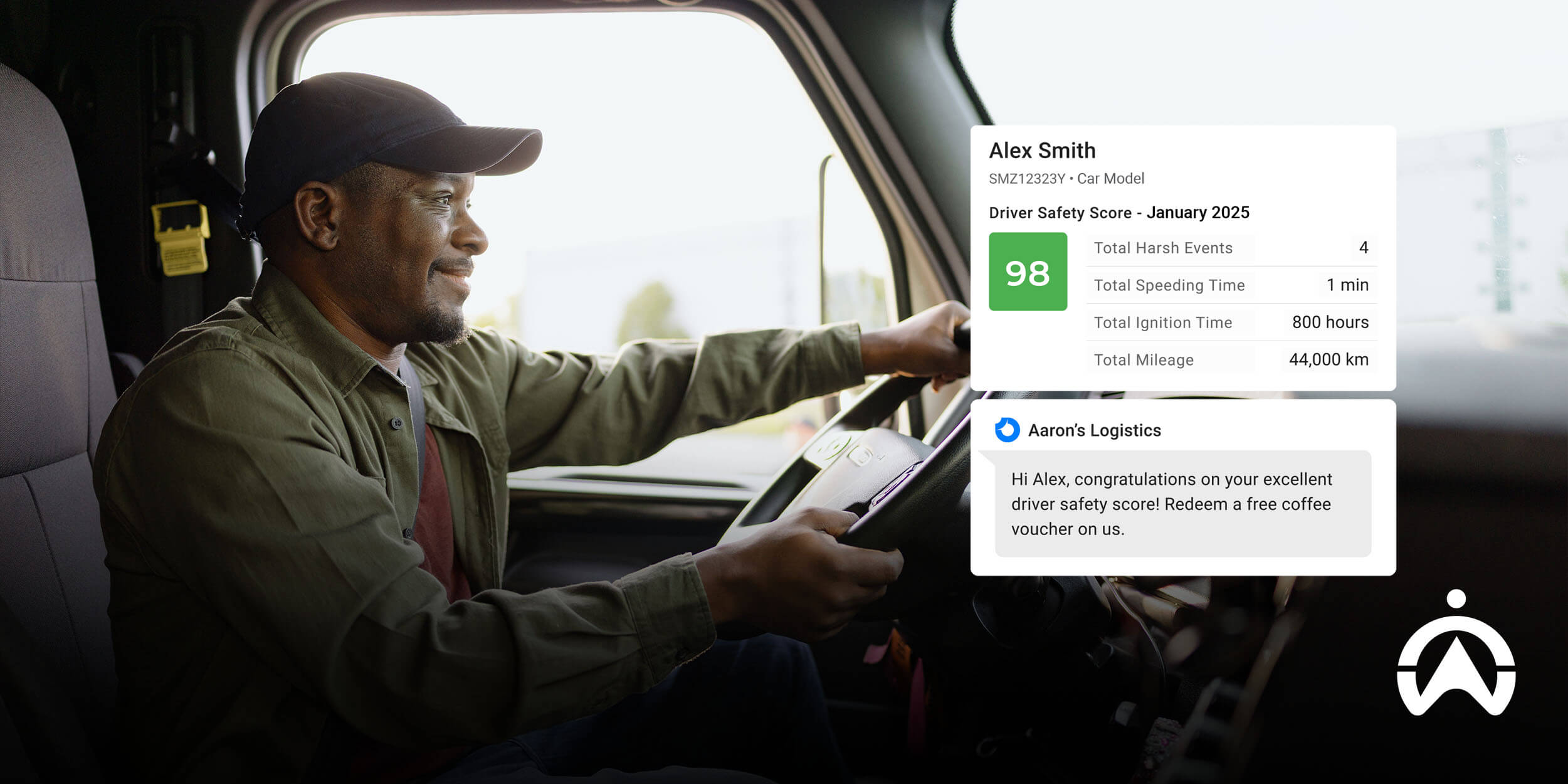 Truck driver viewing safety score and reward message, highlighting fleet gamification and driver safety performance.