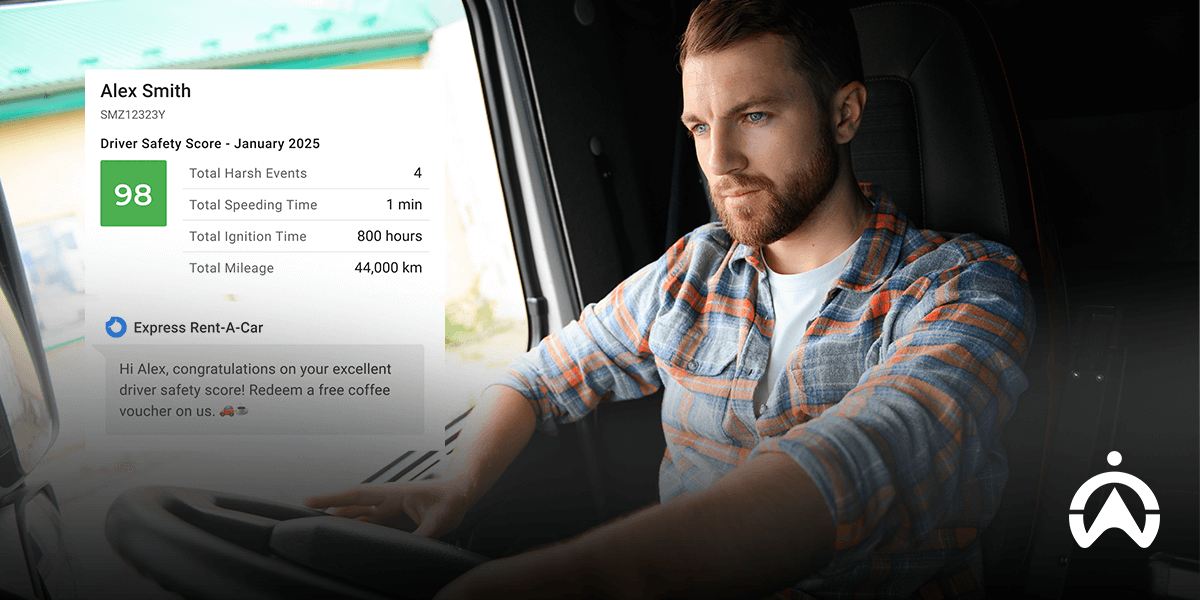 Truck driver reviewing safety score and mileage report on dashboard, representing short haul trucking performance metrics.