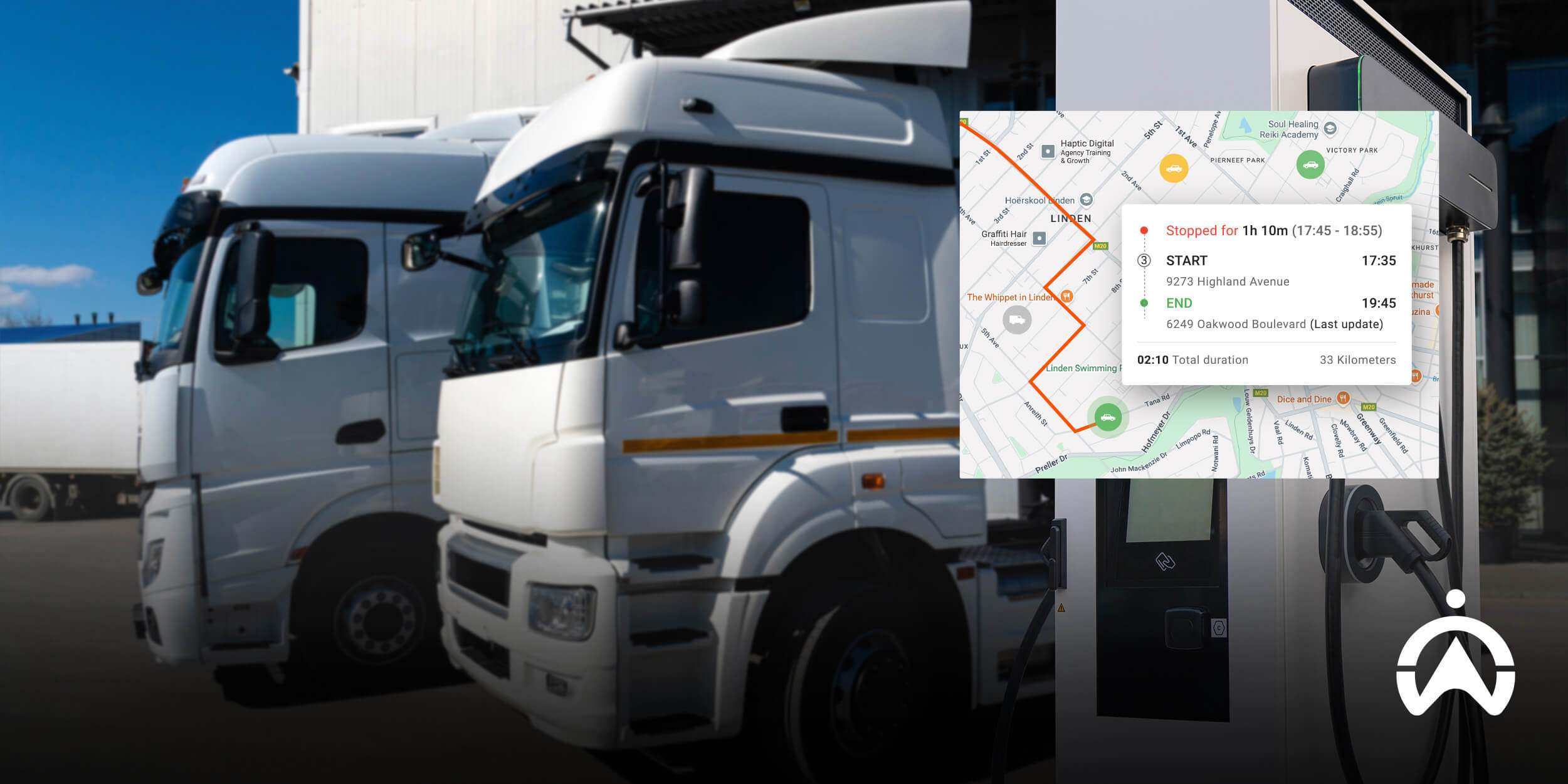 Two trucks at facility with route and charging map overlay, supporting a fleet electrification roadmap.