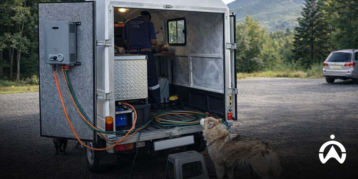 Man working inside a van with cables connected, a dog standing outside, and a car parked on a gravel road near forested hills.