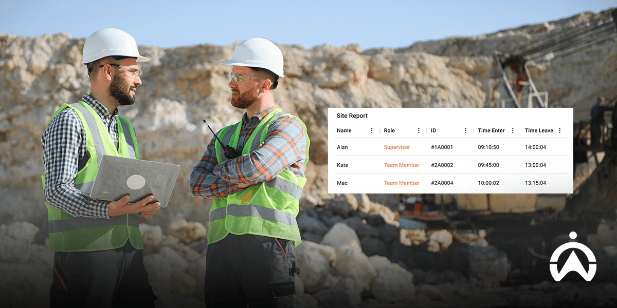 Two construction workers in helmets and vests discuss a tablet at a rocky site, with a site report overlay showing staff entry and exit times.