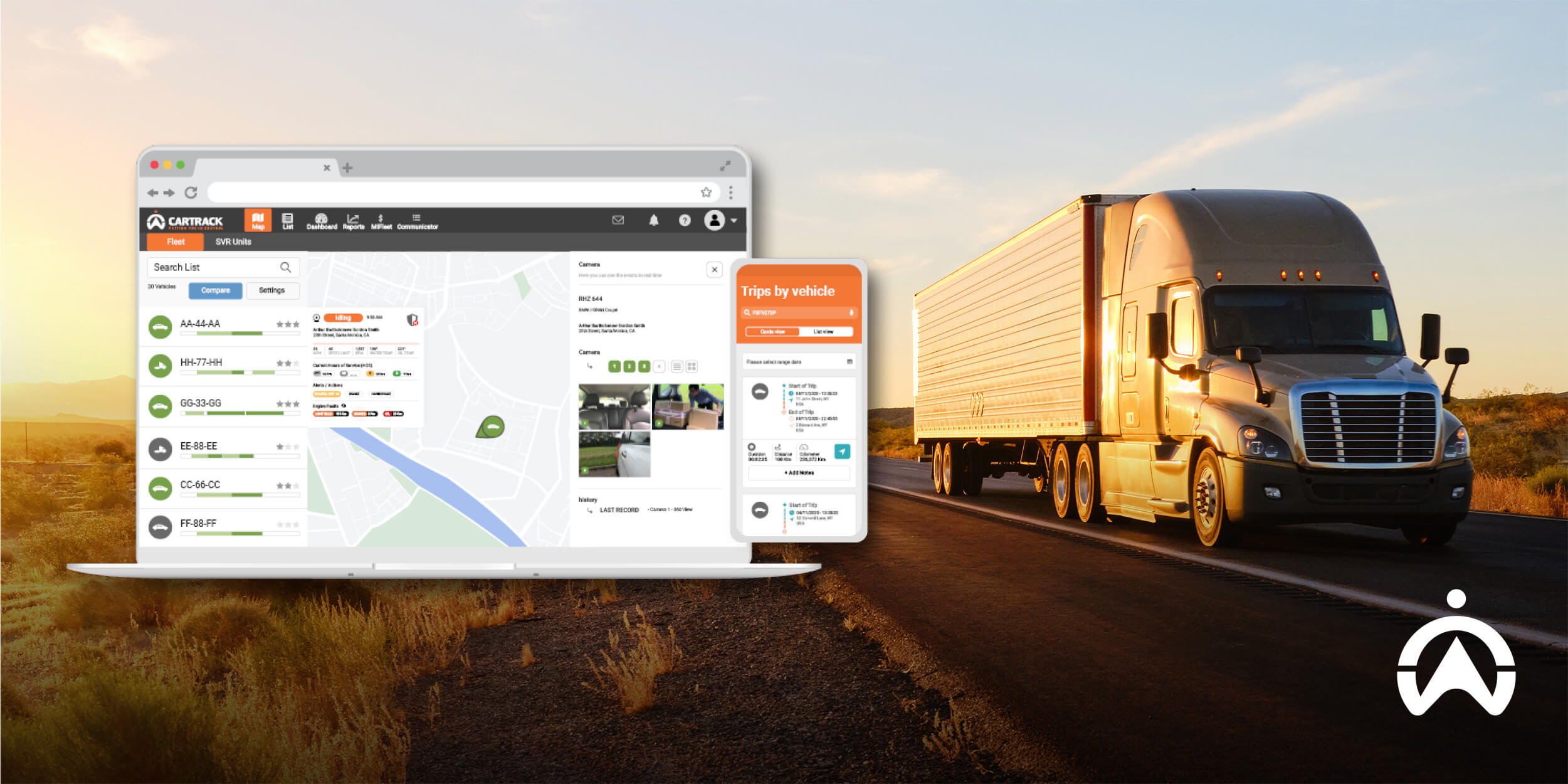 Laptop displaying Cartrack fleet dashboard beside truck, showing how Cartrack boosts operational intelligence in your business.