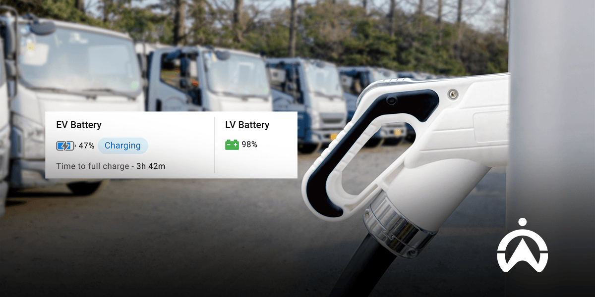 Close-up of an electric vehicle charging connector with a telematics display showing EV battery health at 47% and LV battery at 98%.