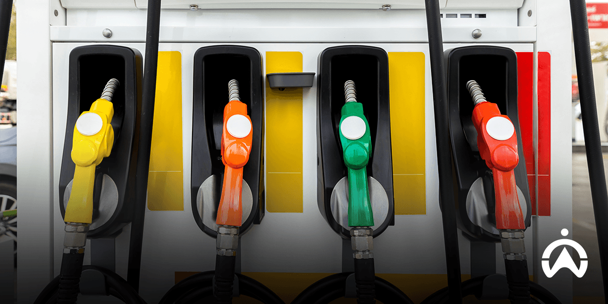 Colorful fuel pump nozzles at a gas station dispenser, representing fuel tracking for a SARS diesel refund and logbook audit.