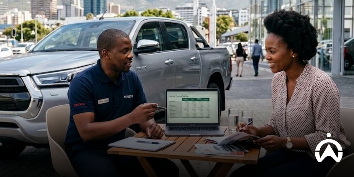 Two people reviewing documents and discussing a vehicle sale, illustrating what to do when buying a car from a private owner safely and confidently