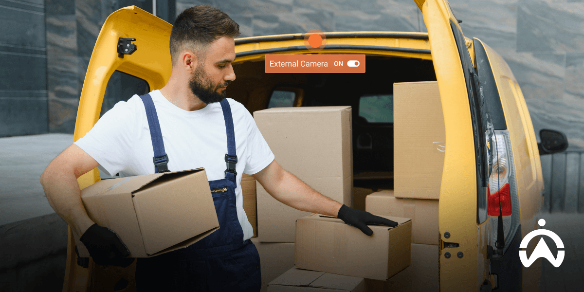 Delivery worker loading boxes into a yellow van, showing where to buy rugged fleet cameras for delivery vans to improve driver and cargo monitoring