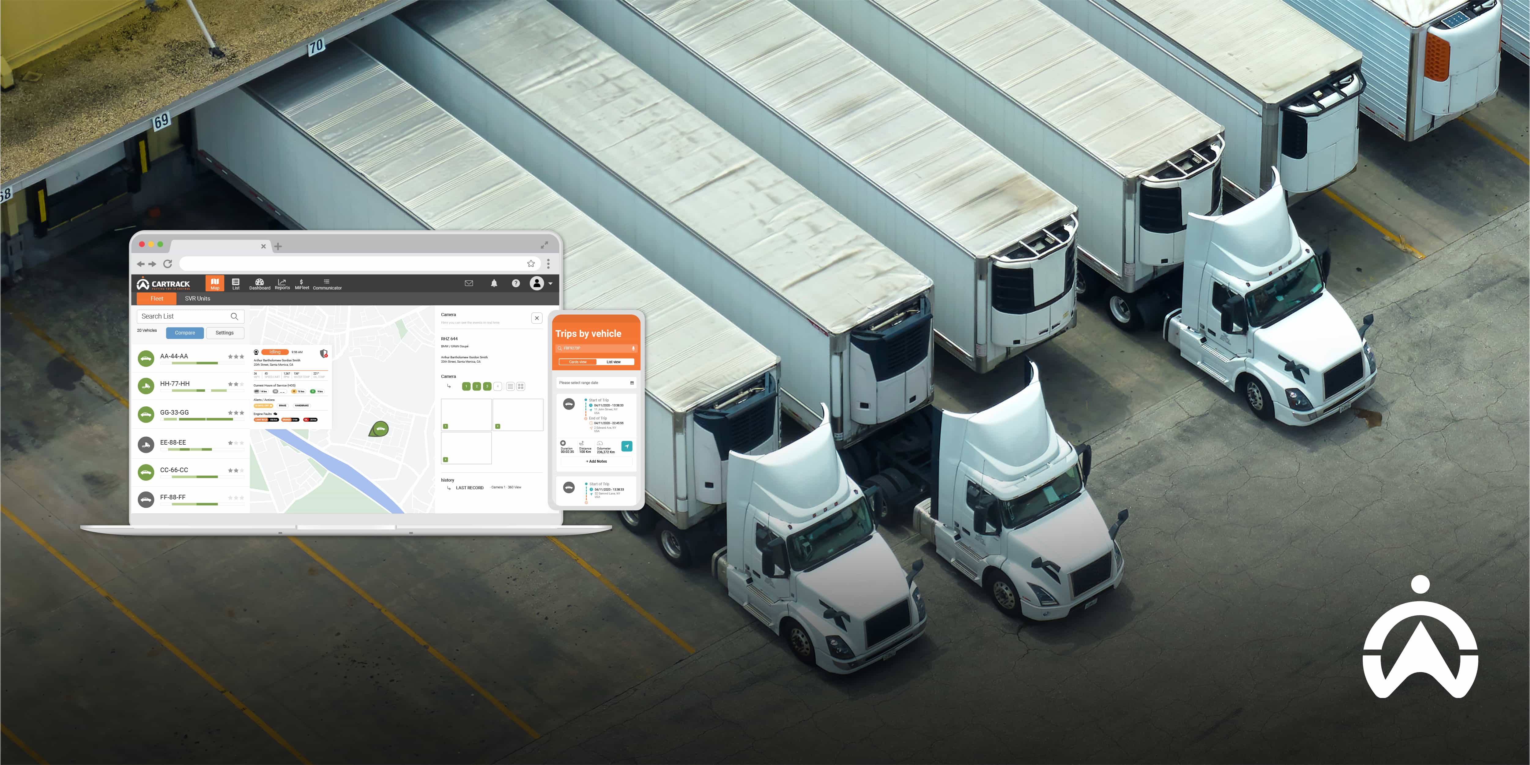 Fleet of semi-trucks with Cartrack vehicle tracking and trip management software, helping stop data fatigue in your trucking company