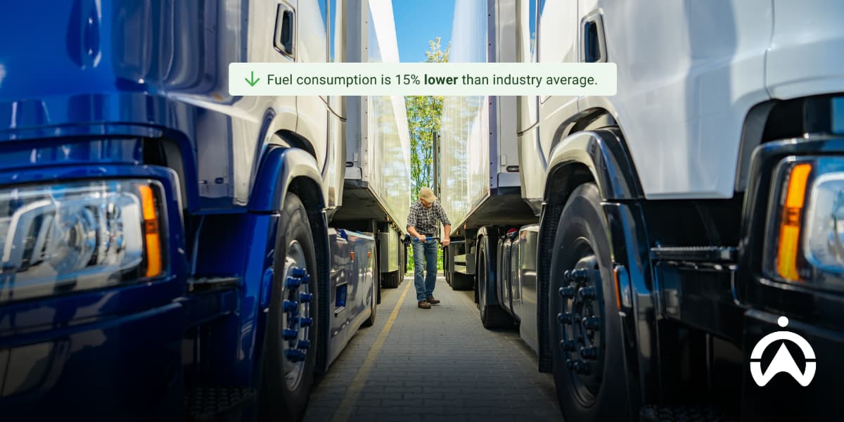 Technician working between parked trucks with fuel-saving message, illustrating ECU tuning in your trucks for improved fuel efficiency and performance