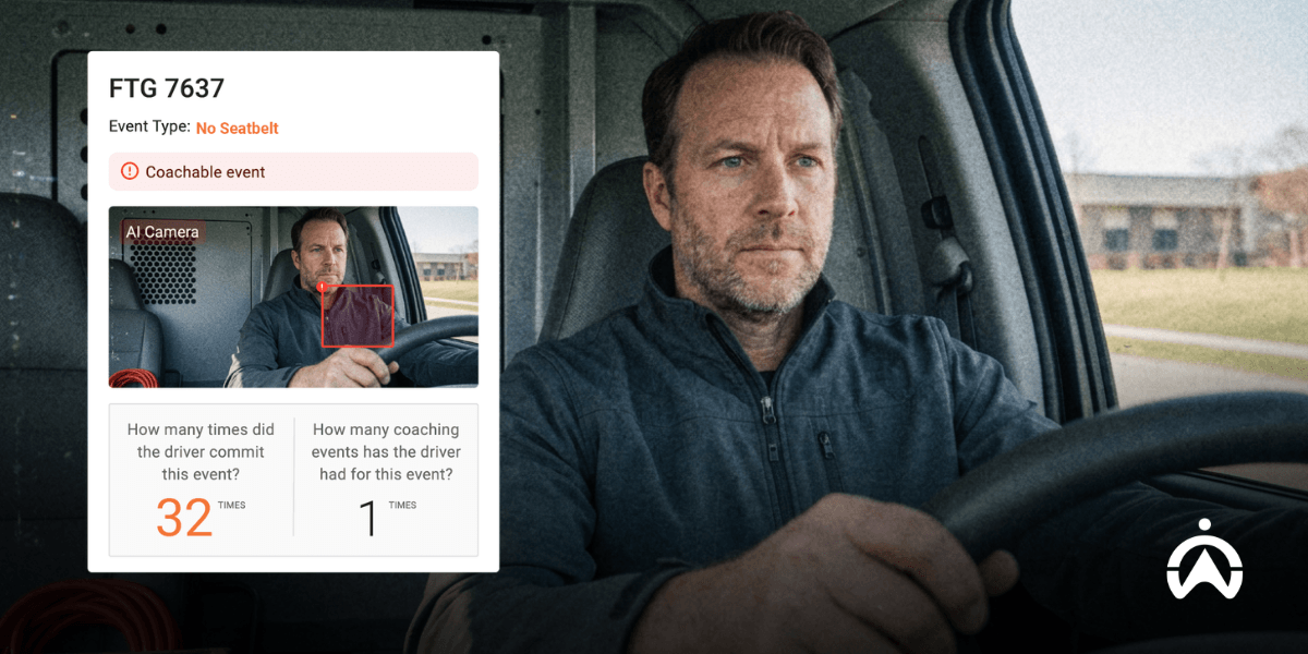 Cartrack AI camera detecting a driver without a seatbelt, showcasing AI cameras for seatbelt and phone detection to improve driver safety and compliance