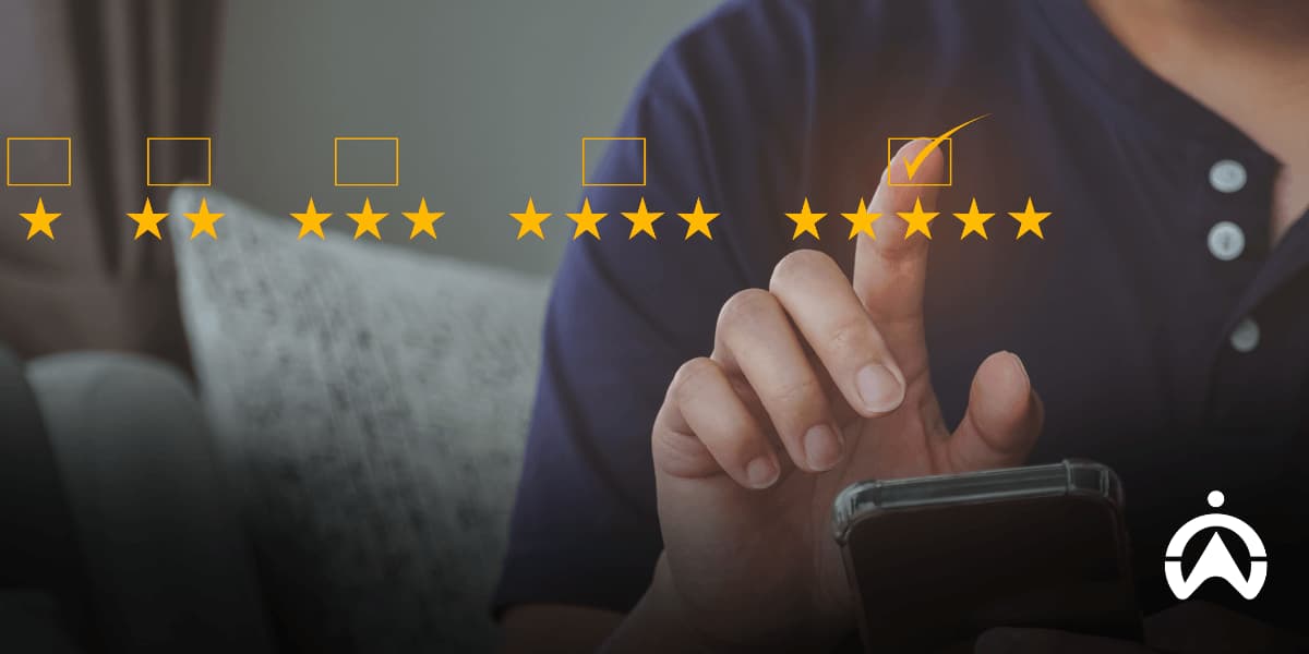 A user selecting a 5-star rating on a smartphone screen, representing positive fleet camera reviews and customer satisfaction.