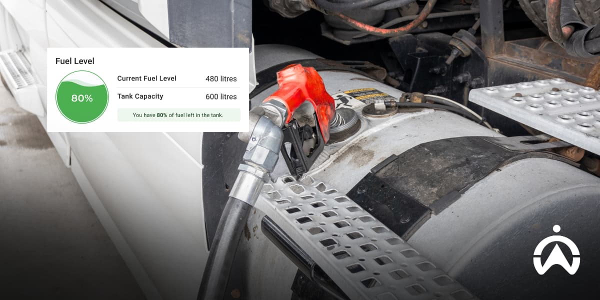 Truck refuelling with fuel level monitoring, supporting global fleet management through real-time fuel tracking and efficiency.