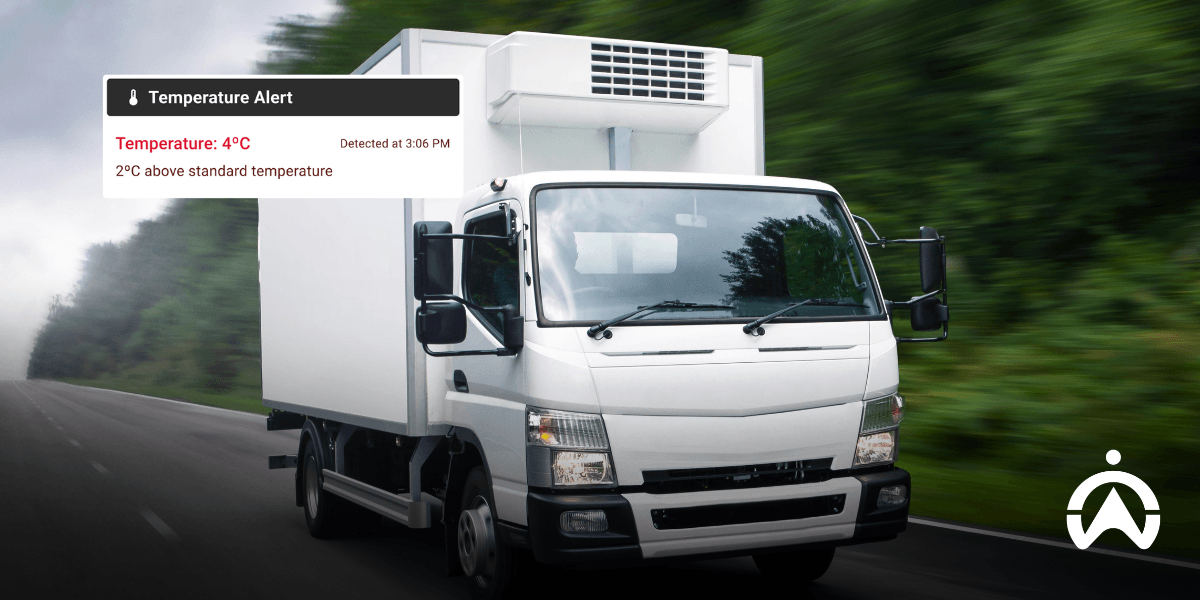 Refrigerated truck with a temperature alert, indicating cold chain compressor fails and potential spoilage risks.