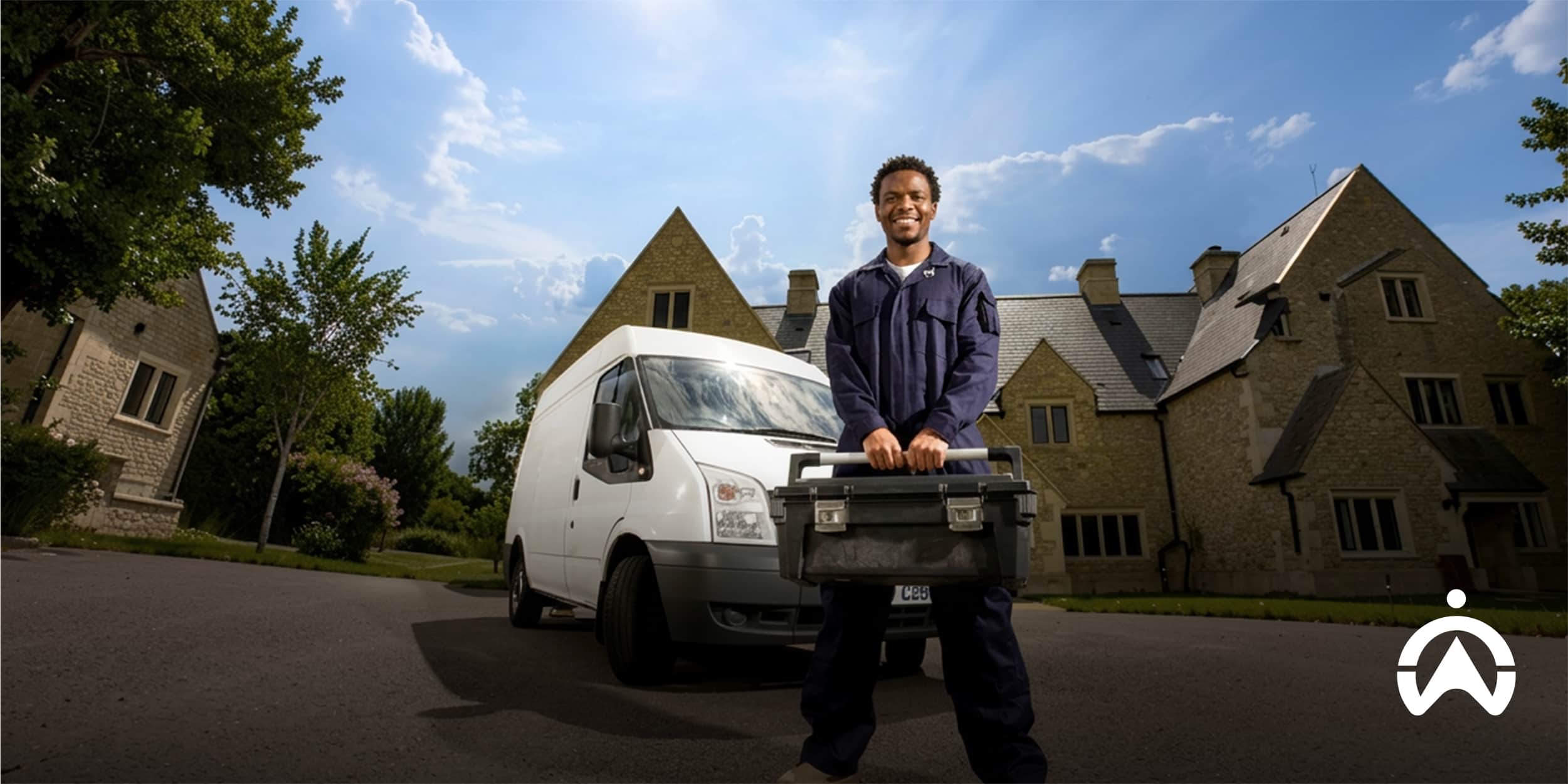 Plumber standing in front of a service fleet van holding a toolbox.
