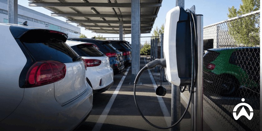 A row of electric cars parked in a row beneath a carport, with a charging station beside them