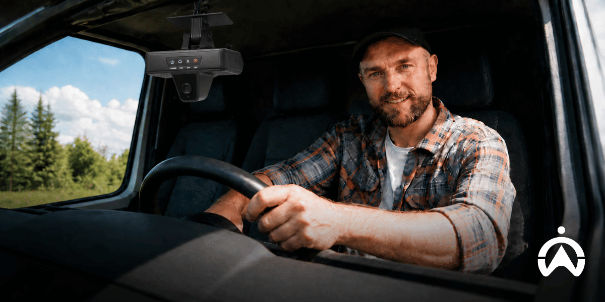 A bearded man holding a steering wheel with a AI dashcam placed in front of him