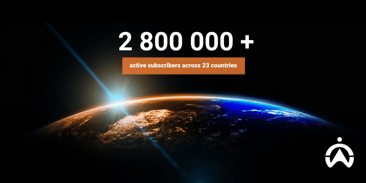 Graphic of Earth at sunrise highlighting Cartrack global fleet management network with over 2.8 million active subscribers across 23 countries, supporting fleet solutions in South Africa.