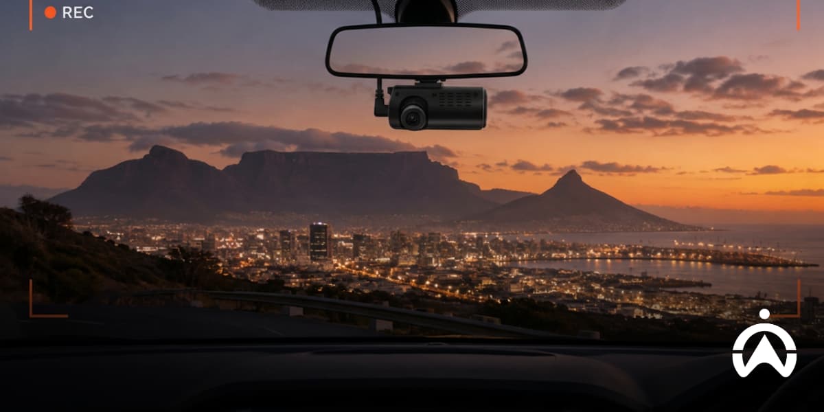 Dashcam view of Cape Town at sunset, showcasing Table Mountain and the coastline while highlighting vehicle security options for high-risk vehicles.