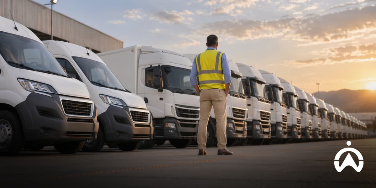 Fleet manager in a yellow safety vest standing beside delivery trucks at sunset, overseeing fleet operations as the business grows.