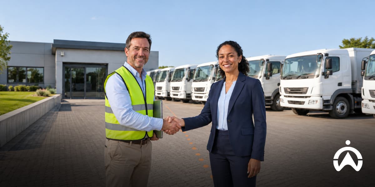 Fleet managers shake hands in front of a commercial facility with delivery trucks, highlighting fleet management needs as operations grow.