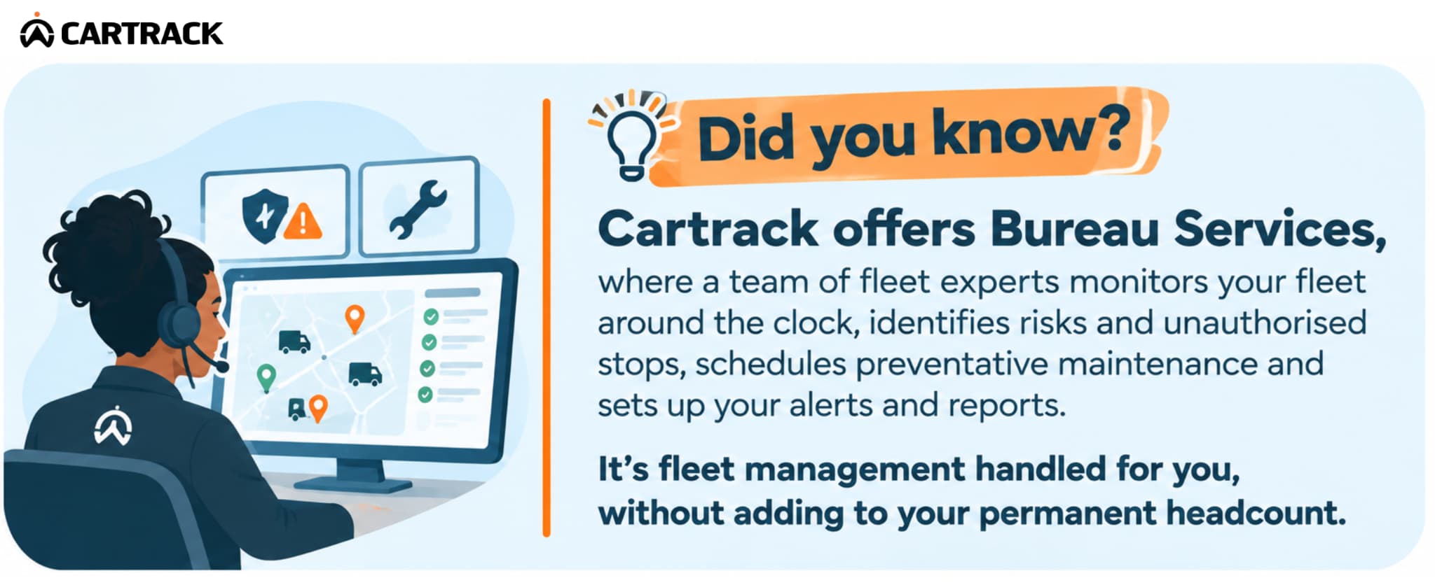 Cartrack infographic promotes bureau services for 24/7 fleet monitoring, risk detection, maintenance scheduling, alerts, and reports.