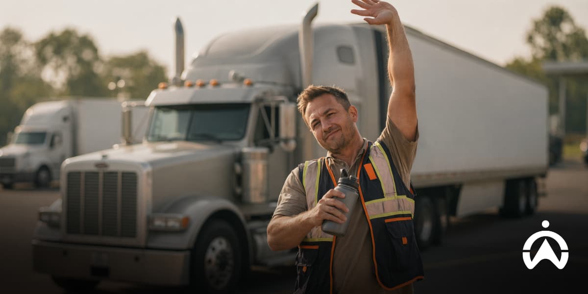 Truck driver wearing a safety vest waving next to fleet semitrucks during a shift break.